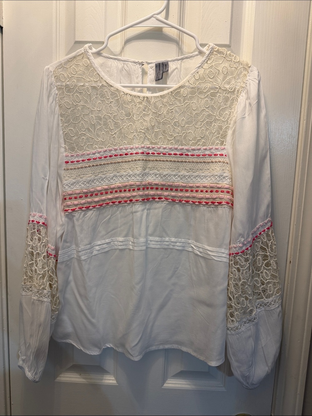 Boho Lace-Panel White Blouse with Pink Trim